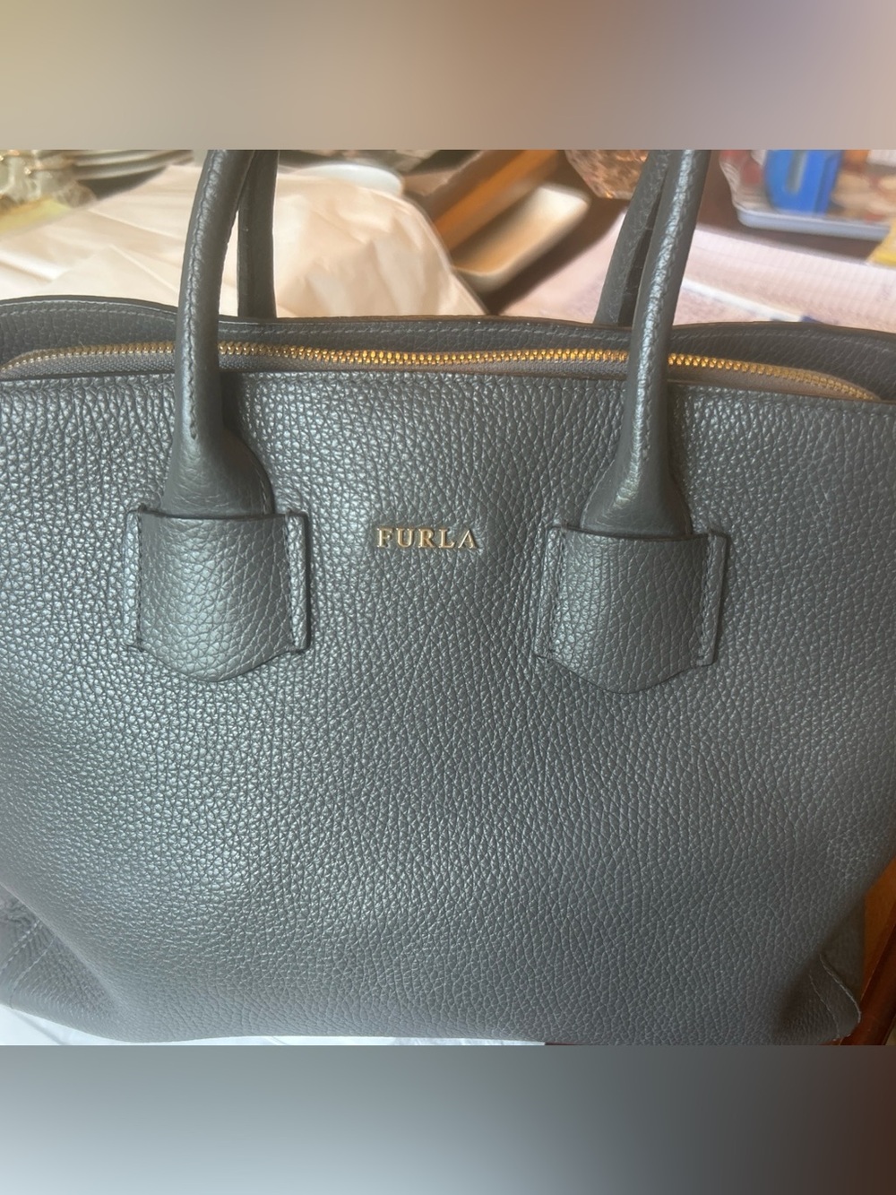Furla Alba Dark Gray Pebbled Leather Tote with Gold Logo - Picture 2 of 11